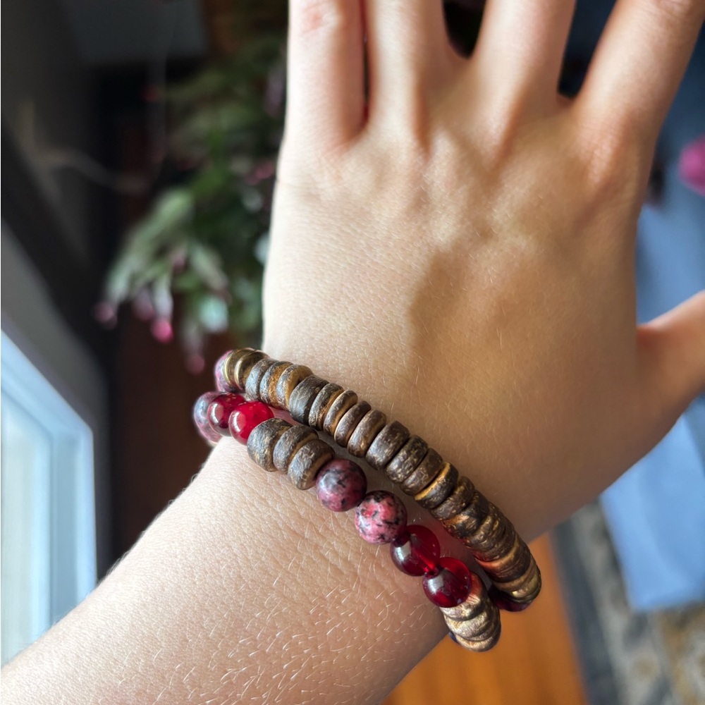 Boho Cherry Red and Brown Beaded Bracelet Duo